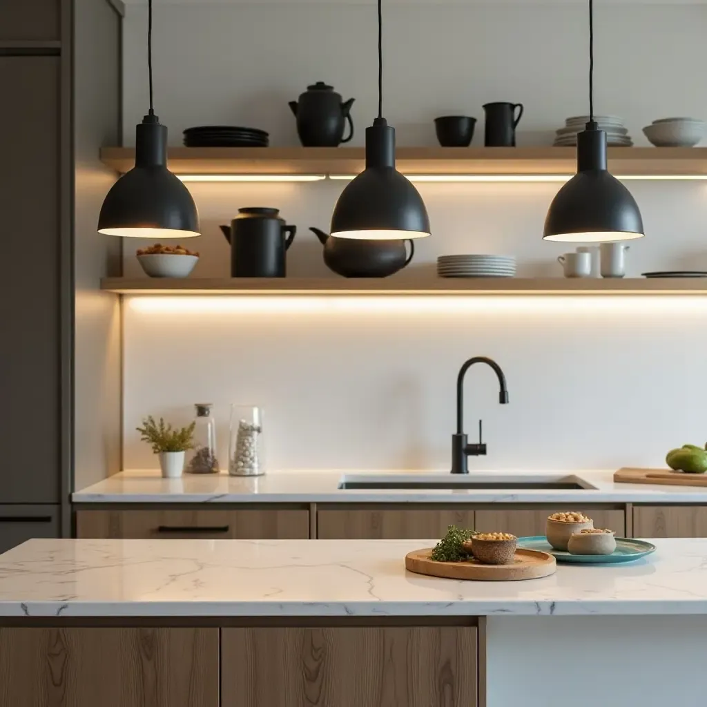 a photo of pendant lights in a kitchen with open shelving