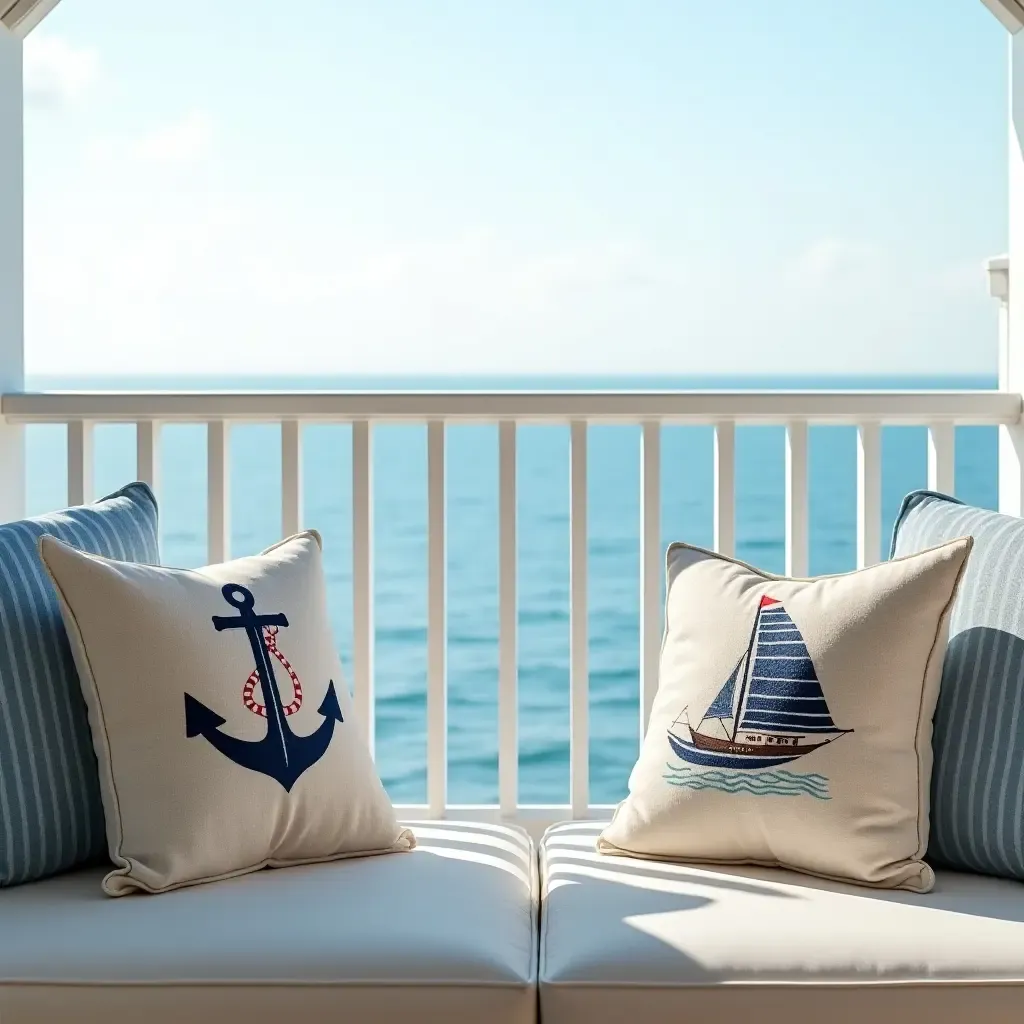 a photo of a seaside balcony with nautical-themed throw pillows