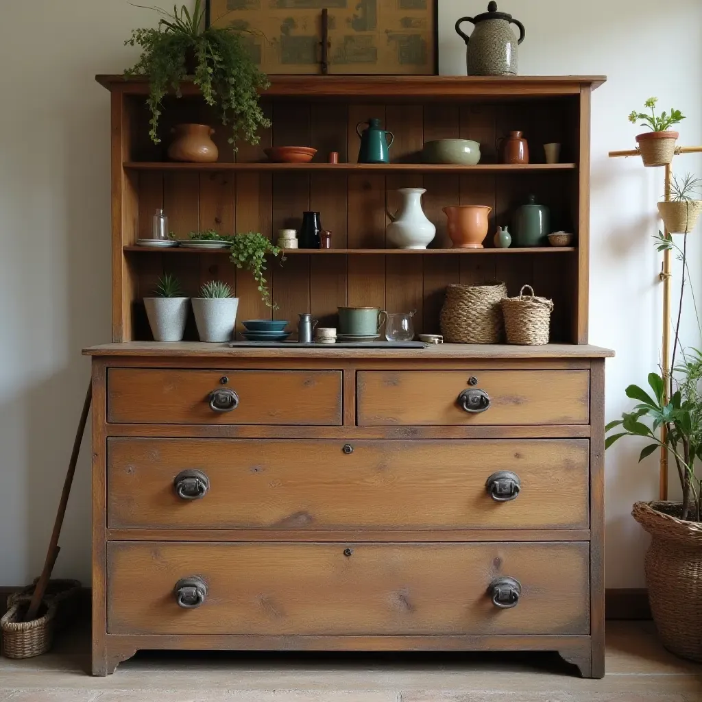 a photo of a rustic wooden dresser filled with vintage items