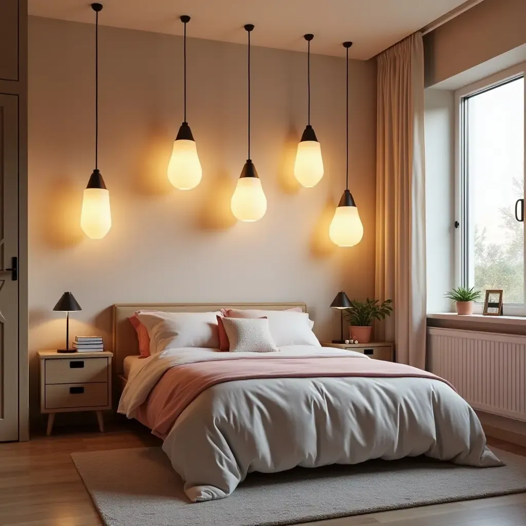 a photo of a teen bedroom with pendant lights in fun shapes