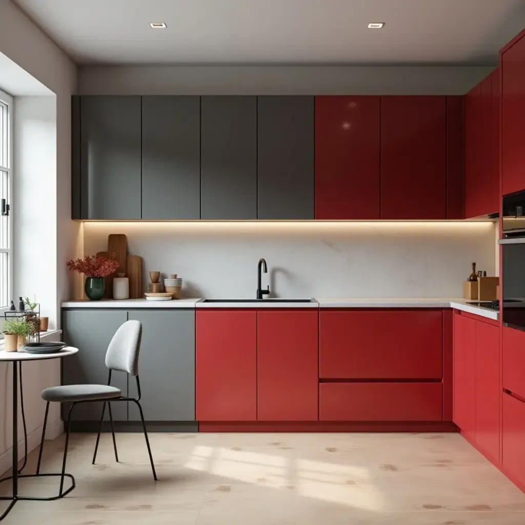 a photo of muted gray and vibrant red cabinets in a modern design