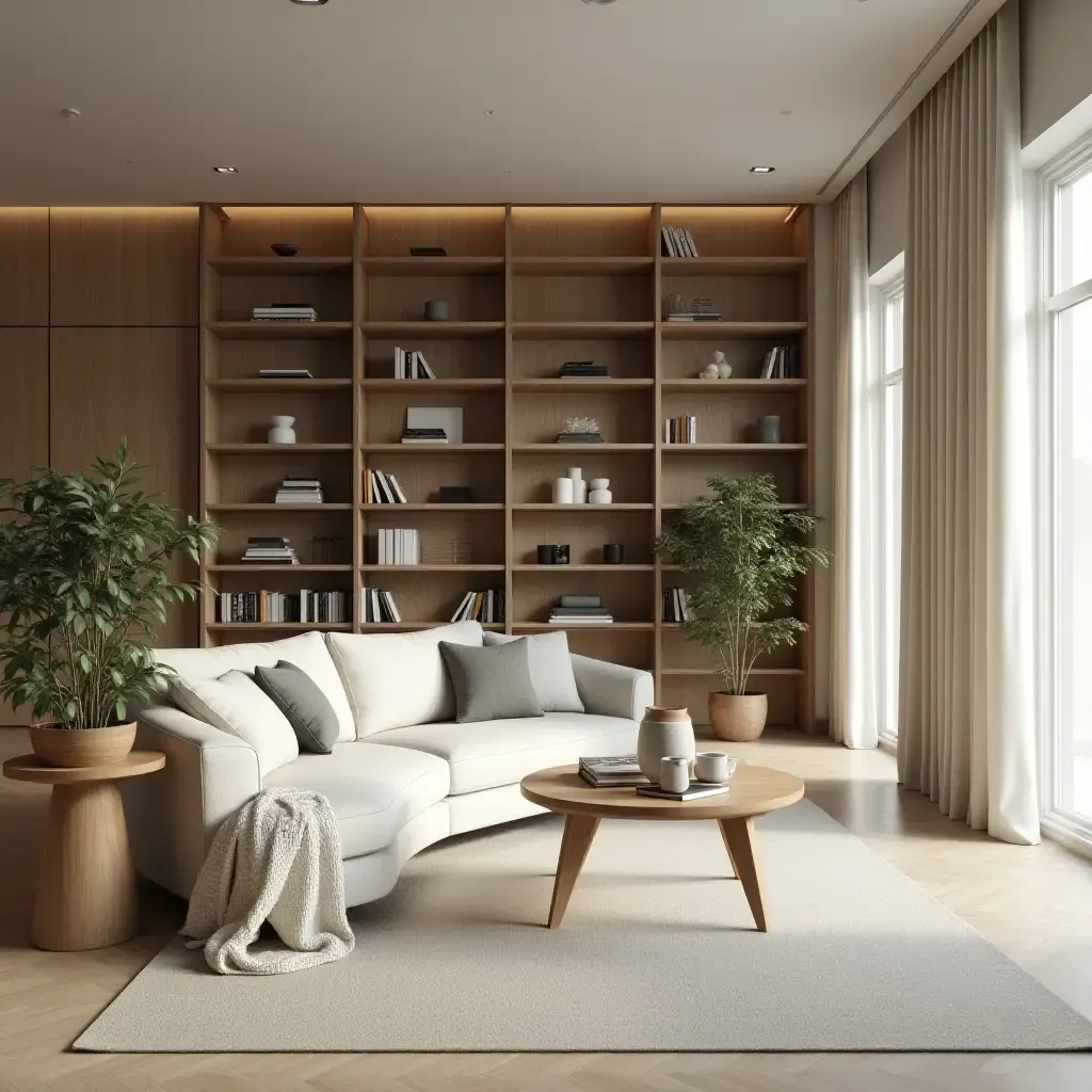 a photo of a serene library space with a neutral color palette and natural elements