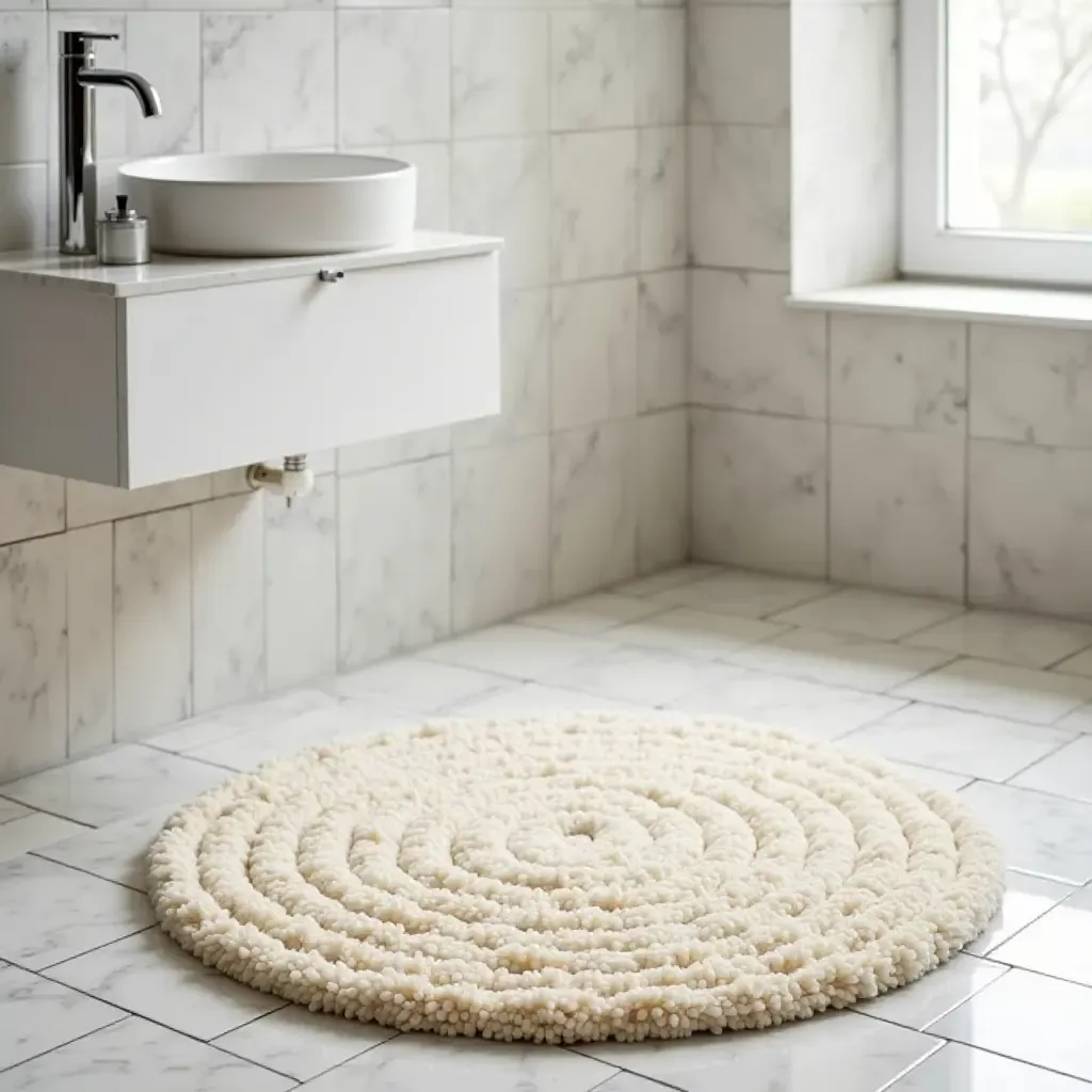 a photo of a round shaggy rug in front of a sink