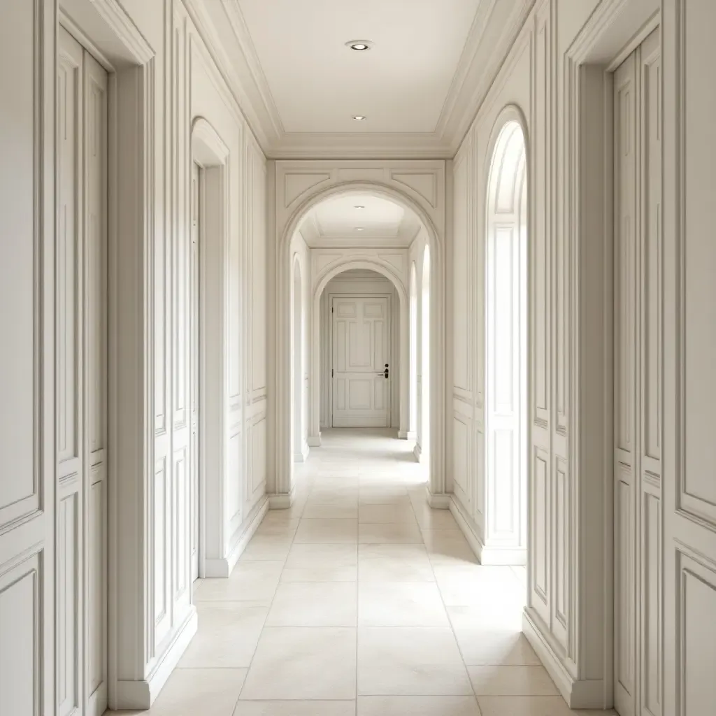 a photo of an elegant hallway with whitewashed wood and pops of color