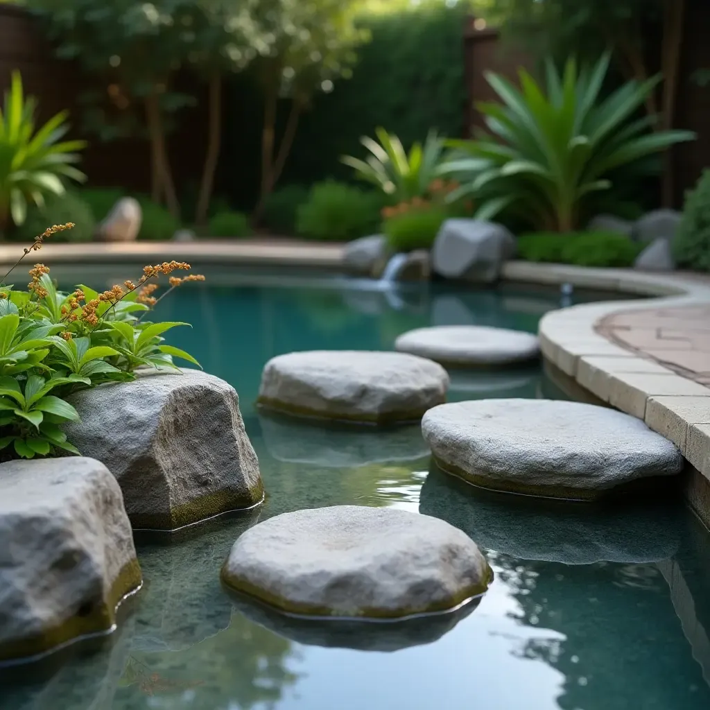 a photo of a zen garden with pebbles and small plants by the pool