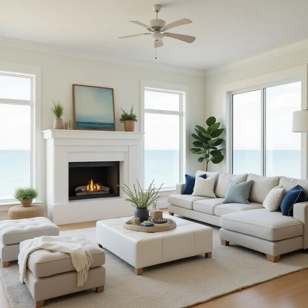 a photo of a coastal-themed living room with a sectional and a beachy fireplace