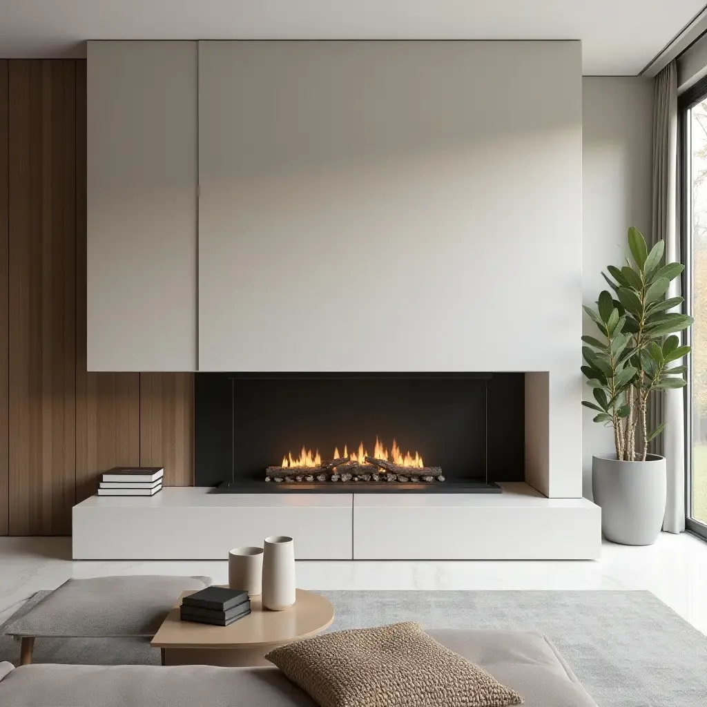 a photo of a minimalist concrete fireplace surround in a modern living room