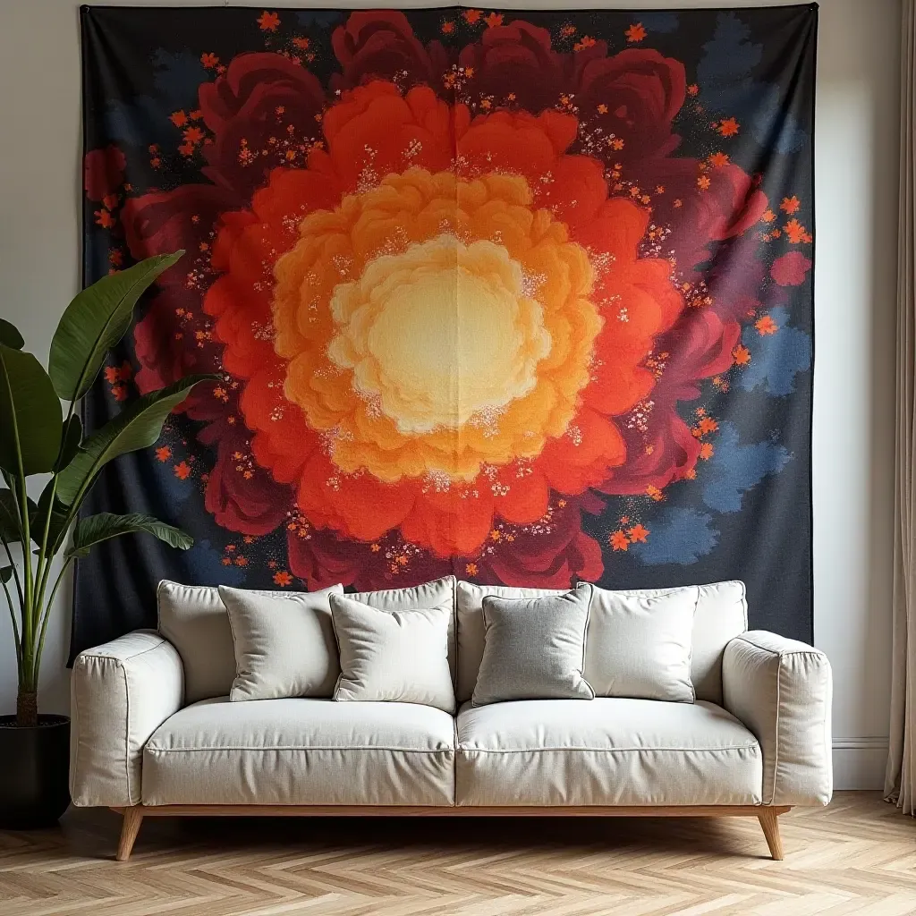 a photo of a large, vibrant tapestry as a backdrop for the sofa