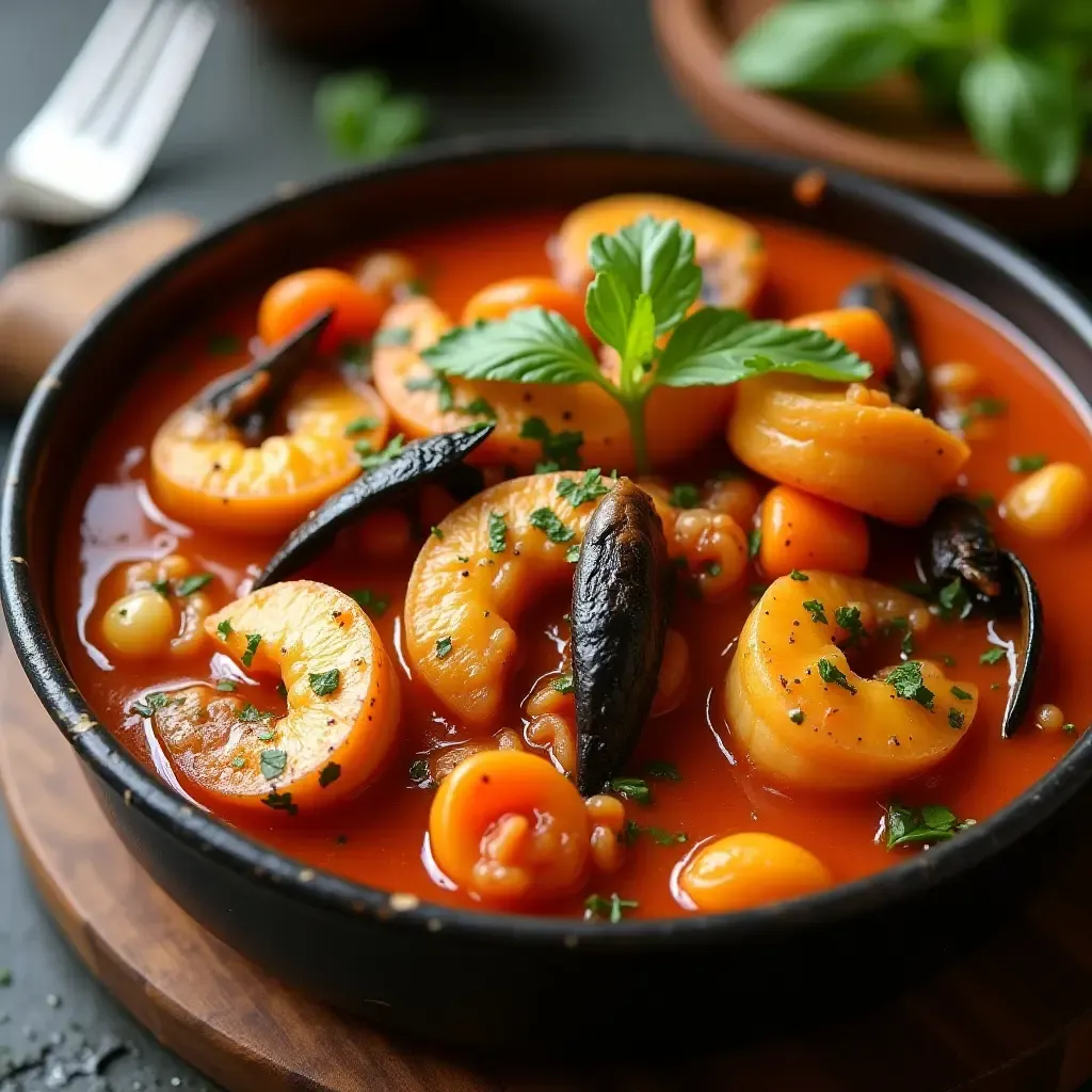 a photo of Zarzuela de Mariscos, a rich Spanish seafood stew with colorful ingredients.