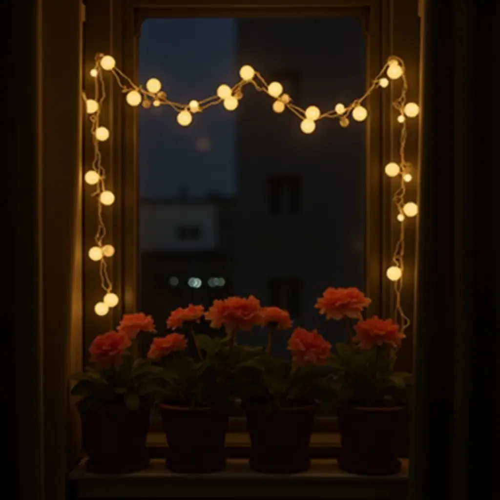 a photo of string lights intertwined with potted flowers on a balcony