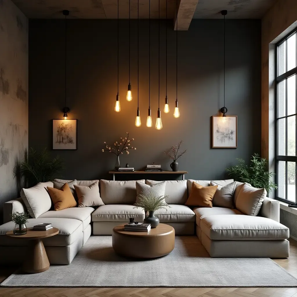 a photo of an industrial-style living room with exposed bulb pendant lights and metal accents