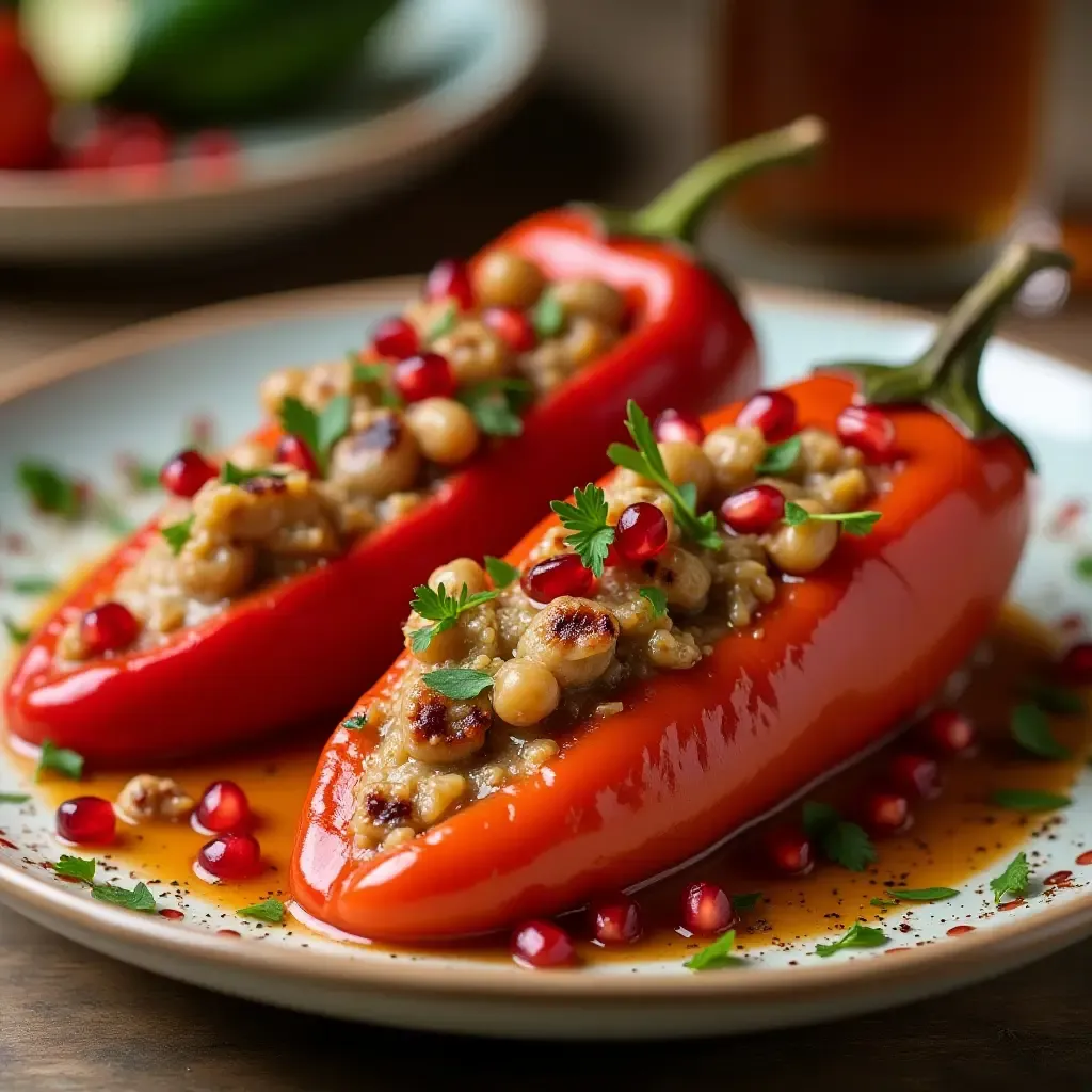 a photo of Pueblan chiles en nogada, stuffed peppers, walnut sauce, pomegranate seeds, festive presentation.