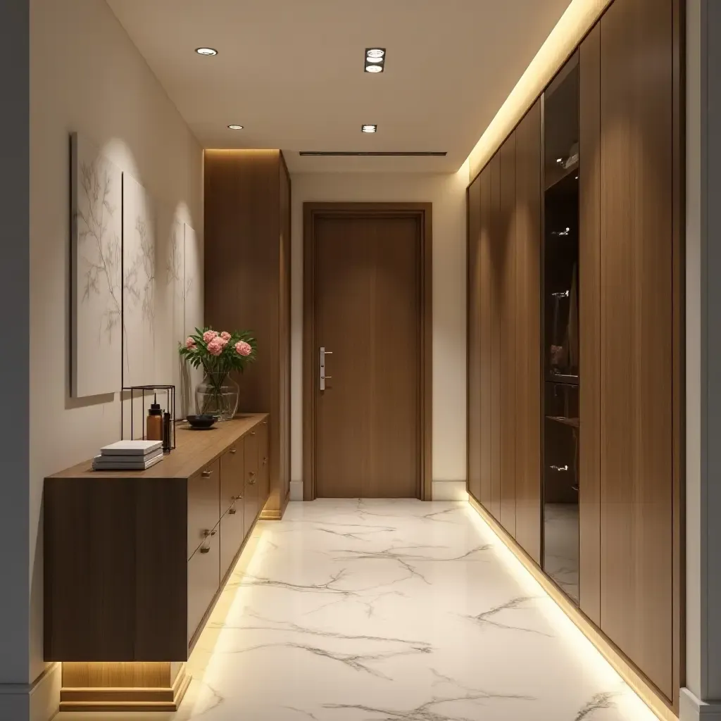 a photo of an entrance hall with integrated lighting and storage