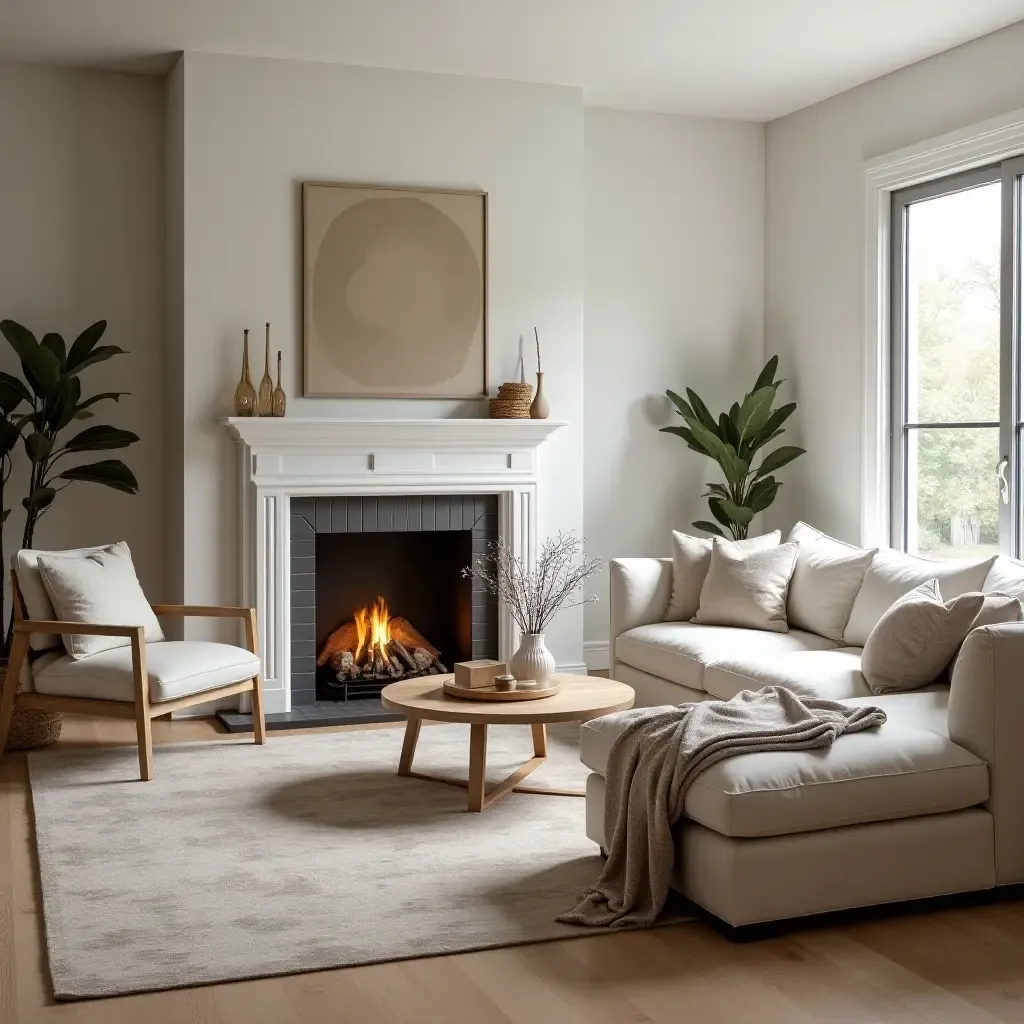 a photo of a family-friendly living room with a sectional and a cozy fireplace