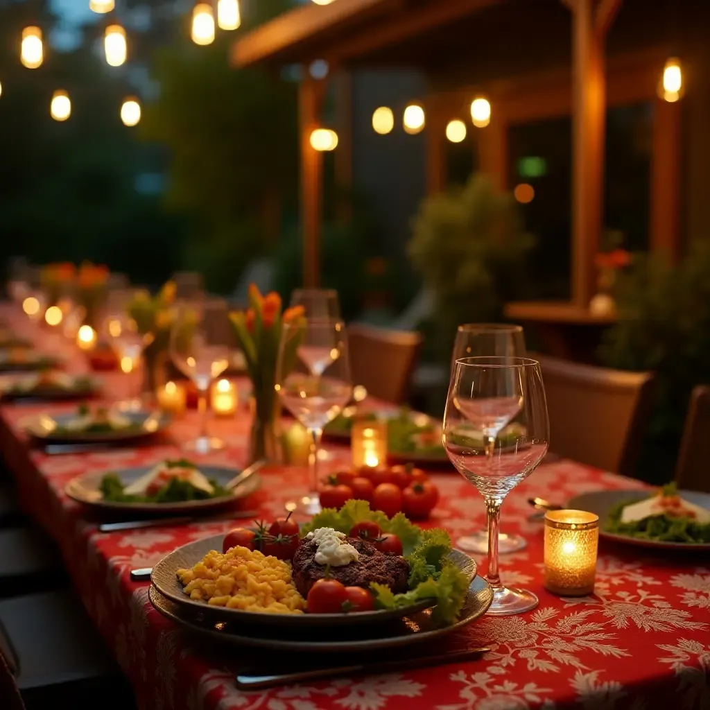 a photo of a festive outdoor dining setup with Mexican cuisine