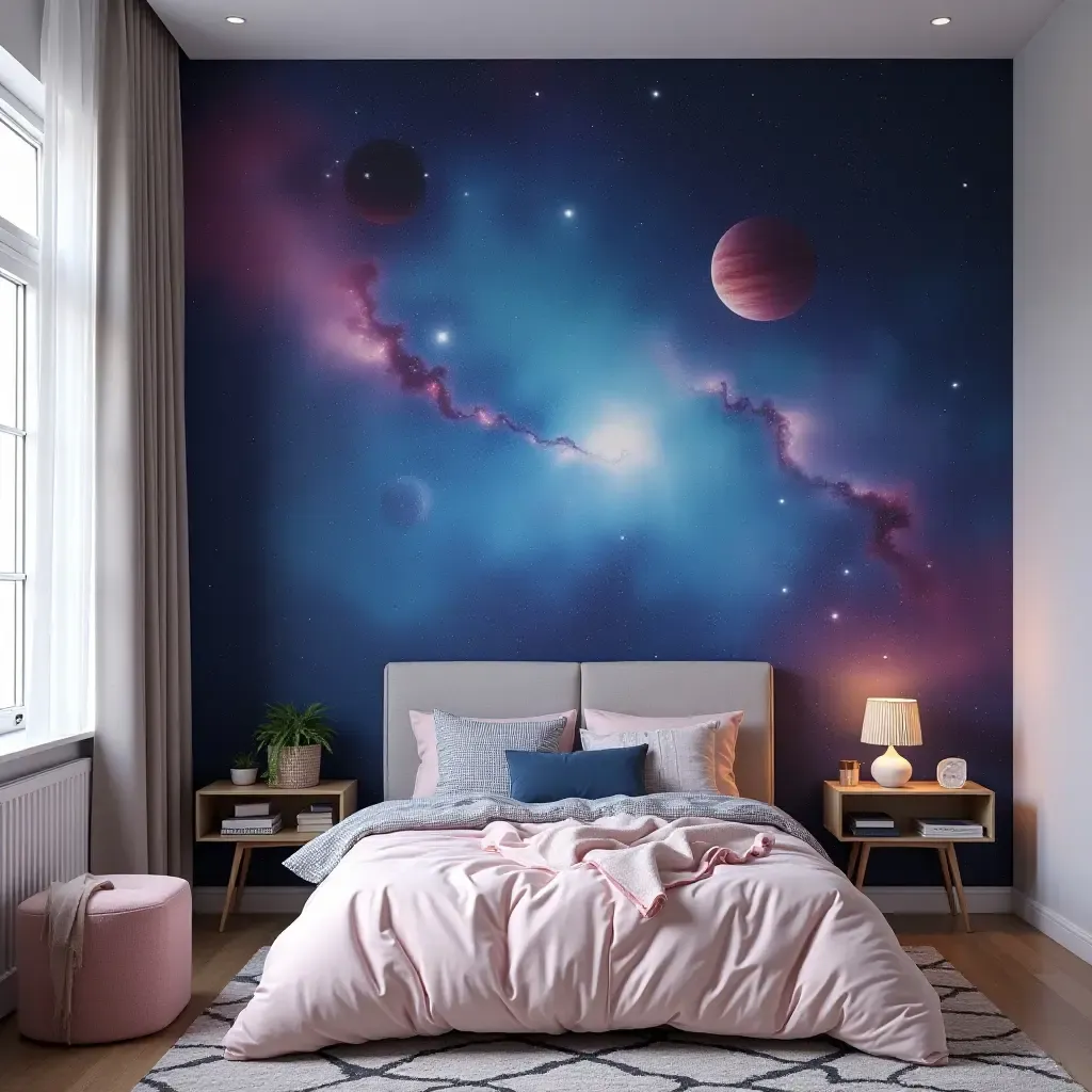 a photo of a vibrant mural featuring a galaxy theme on a teen&#x27;s bedroom wall