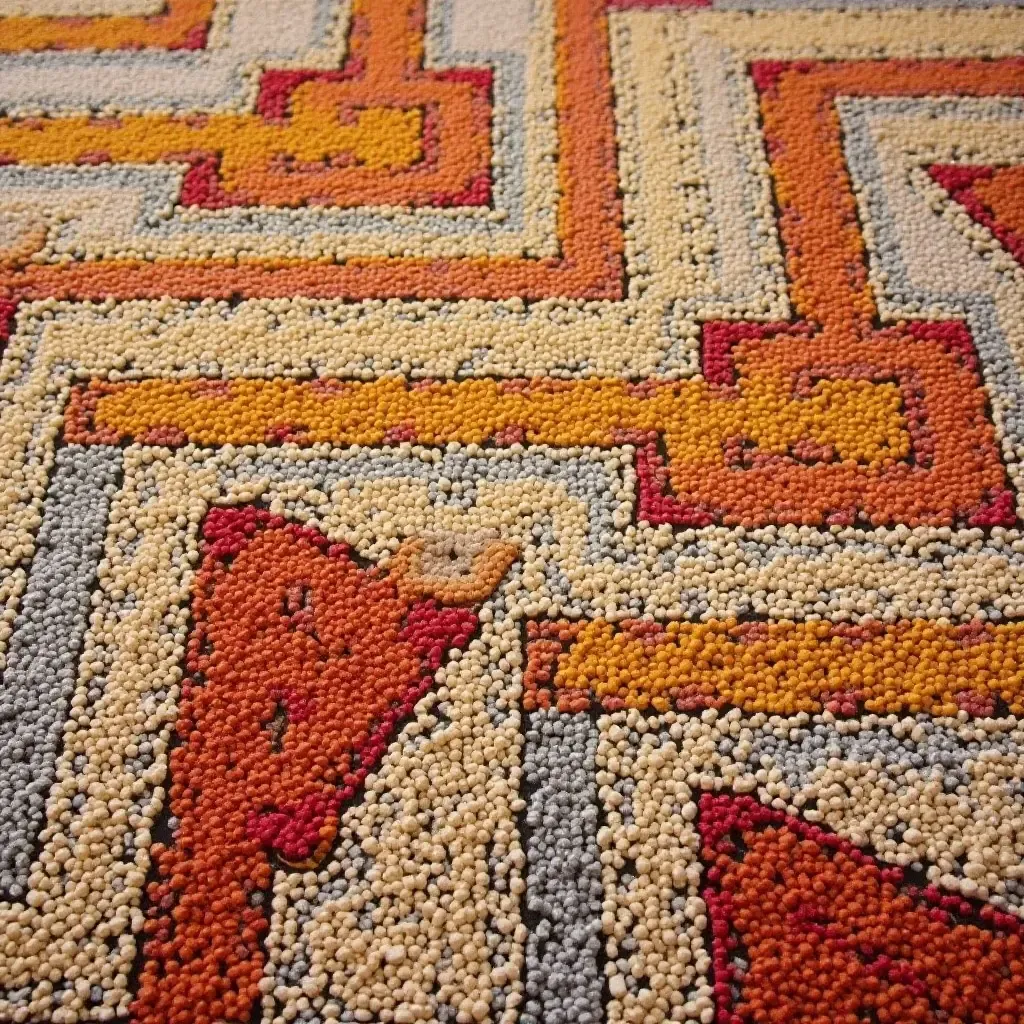 a photo of a rug with a playful geometric pattern in bold colors