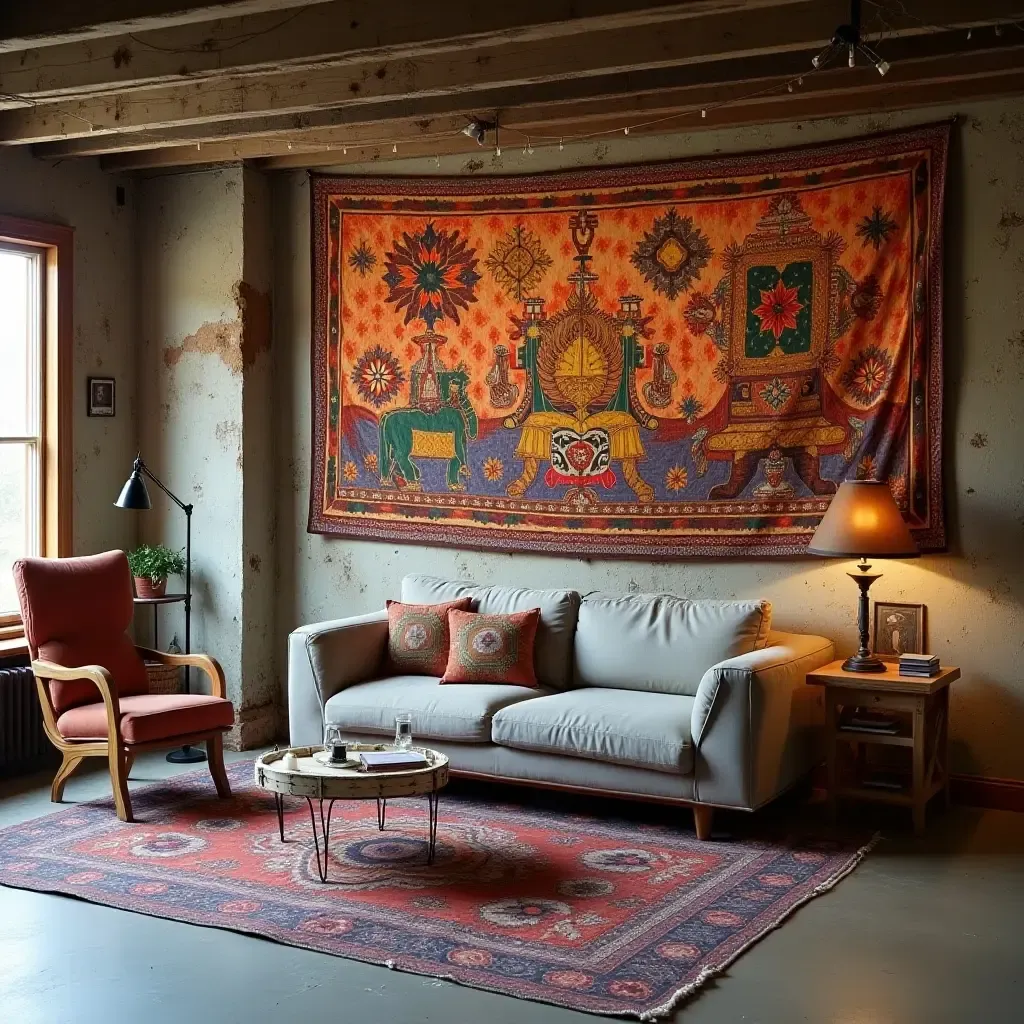 a photo of a basement wall decorated with a series of colorful tapestries