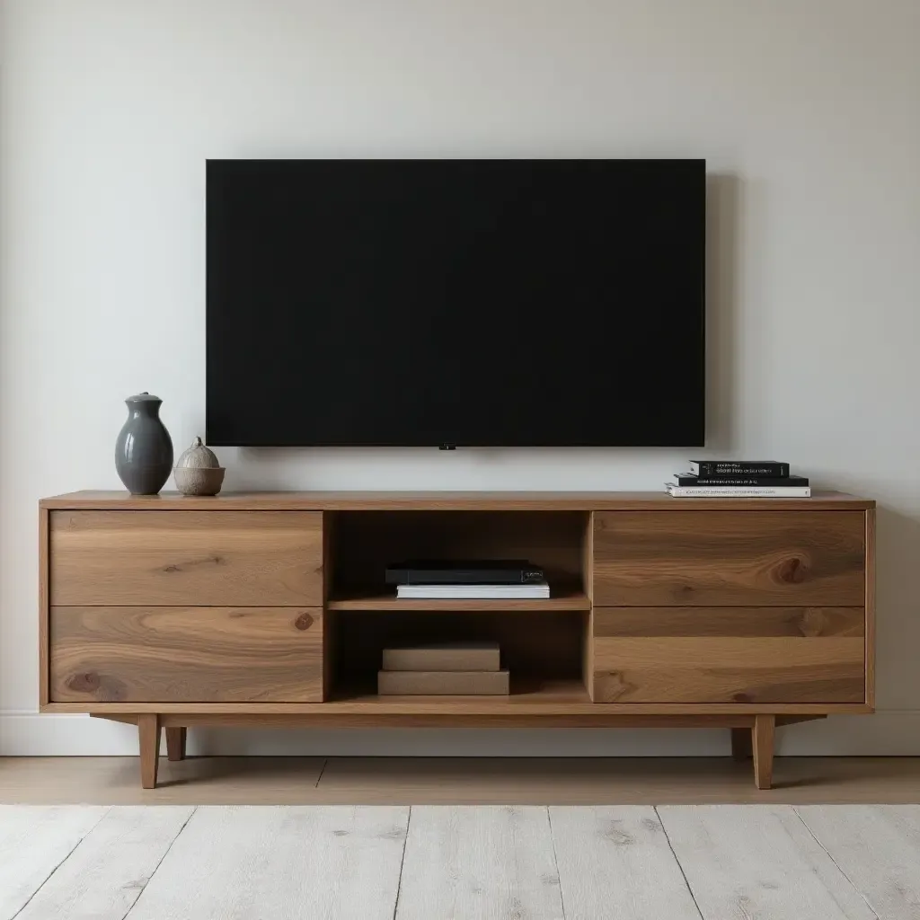 a photo of a stylish media console made of reclaimed wood