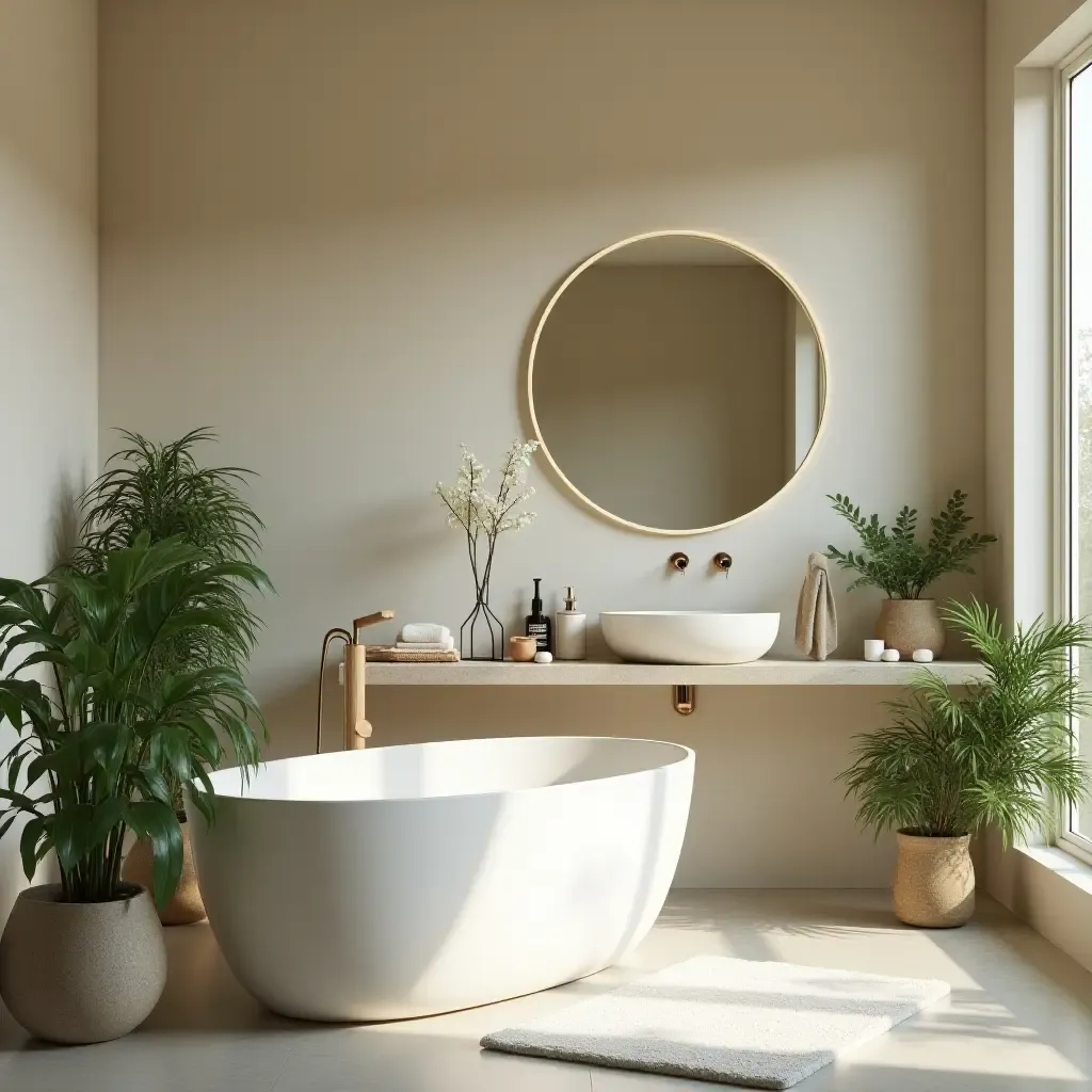 a photo of a spa-like bathroom with plants and calming color schemes