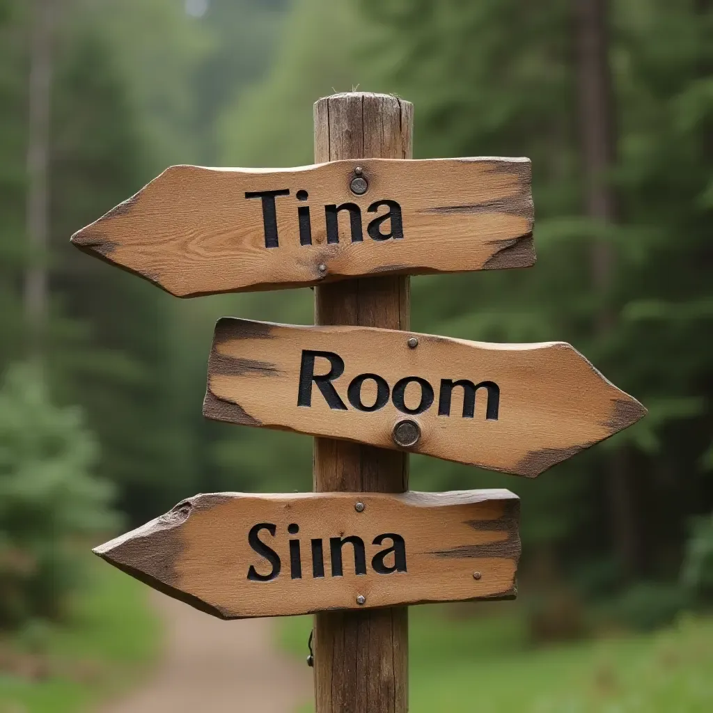 a photo of a wooden signpost indicating different rooms