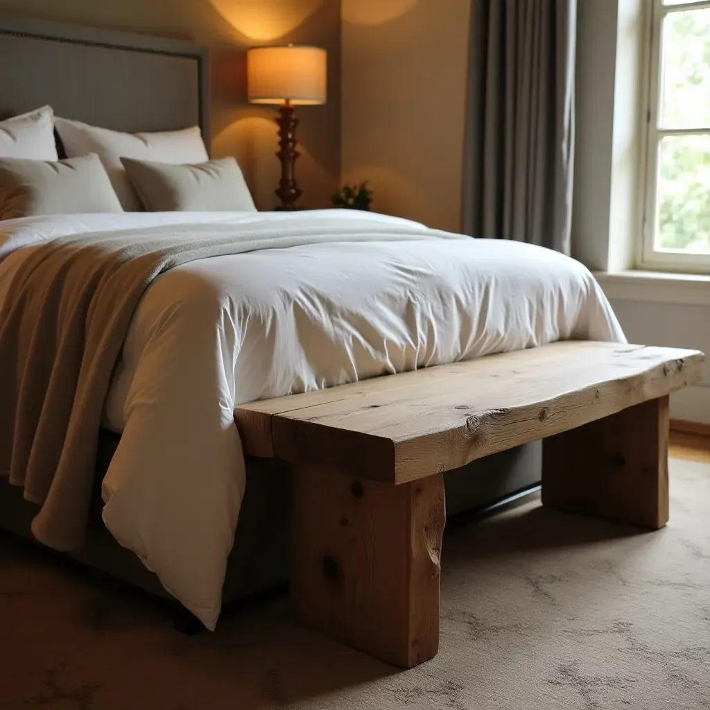 a photo of a rustic bench at the foot of the bed