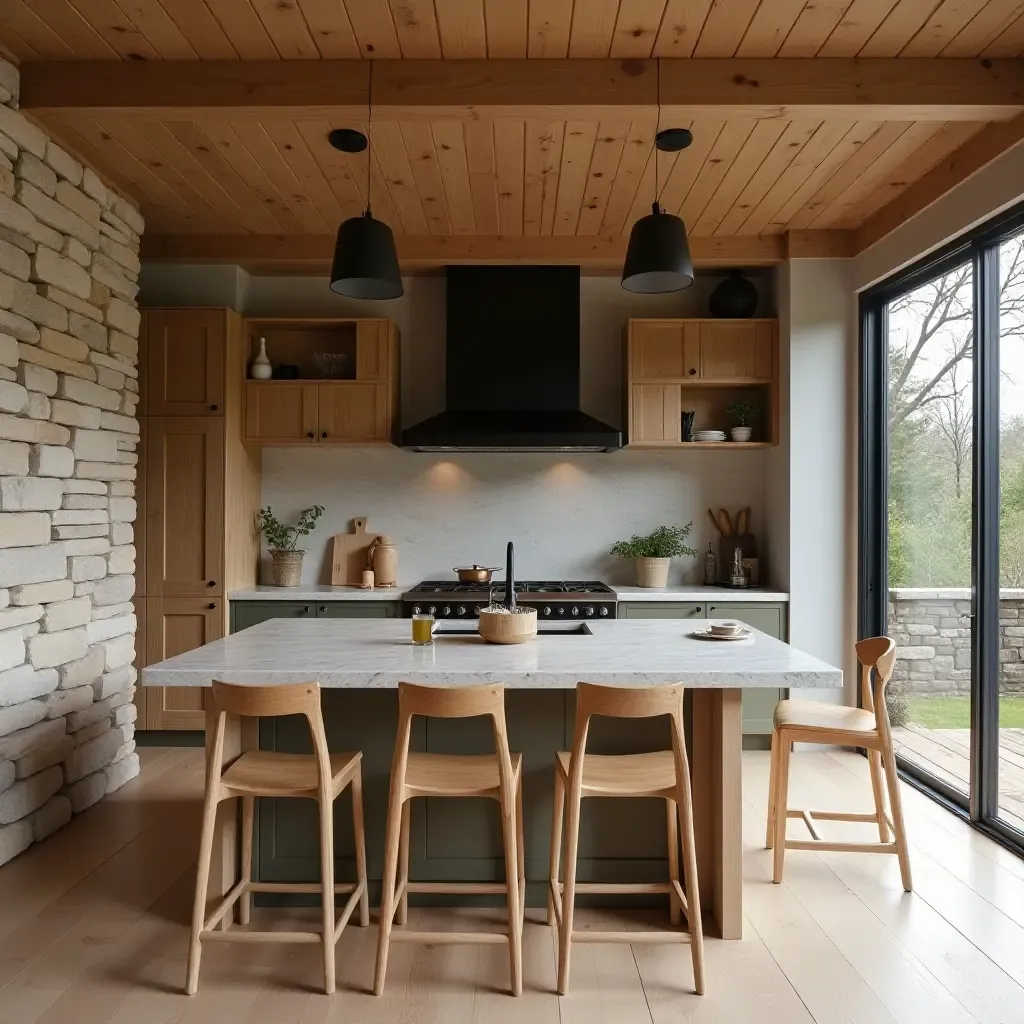 a photo of a family kitchen with playful wood designs, rustic stone, and modern metal touches