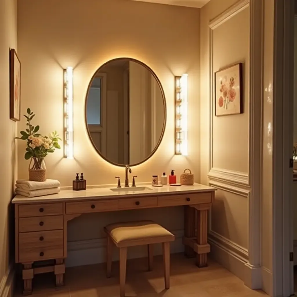 a photo of a cozy, inviting vanity area with layered lighting and soft colors