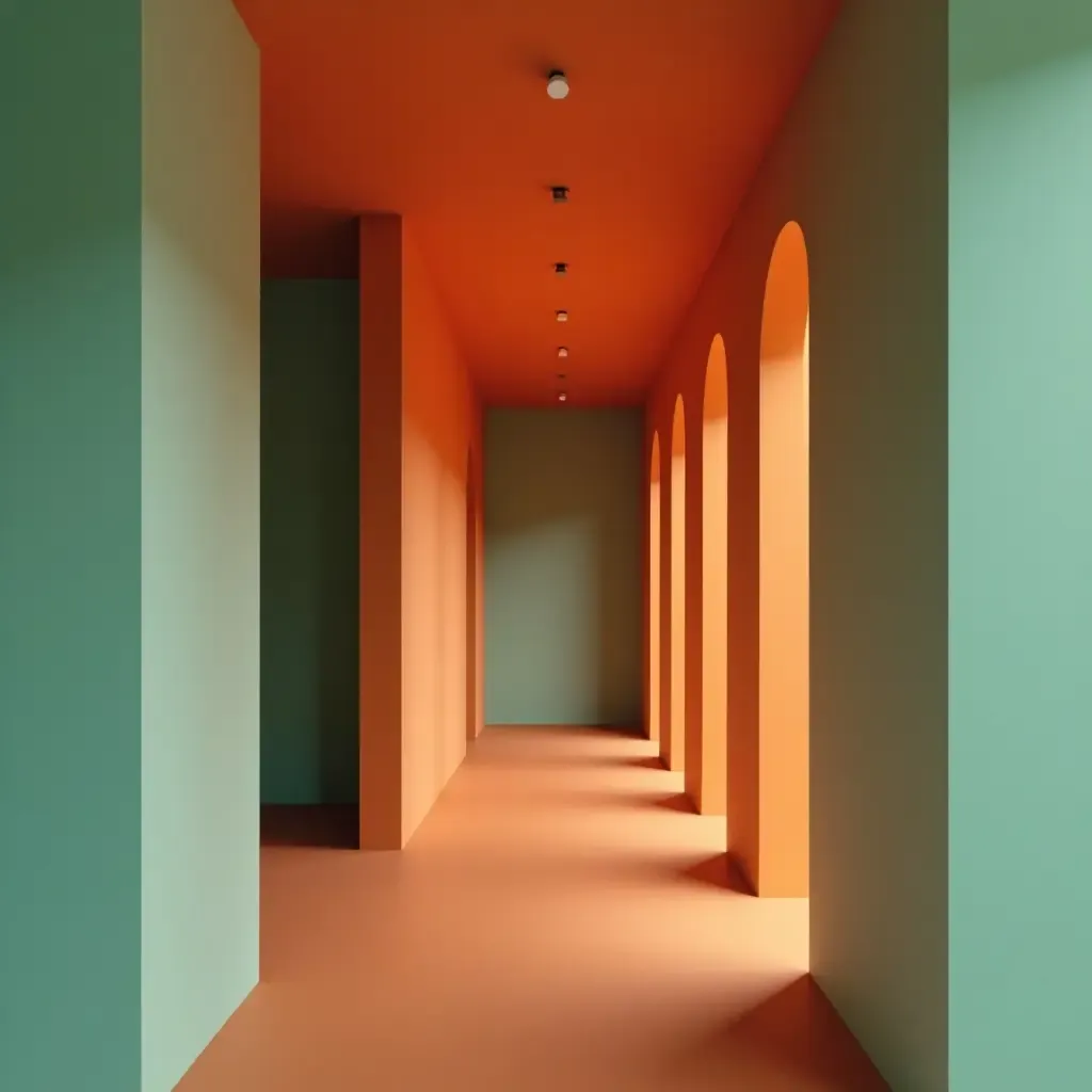 a photo of a mint green and burnt orange corridor