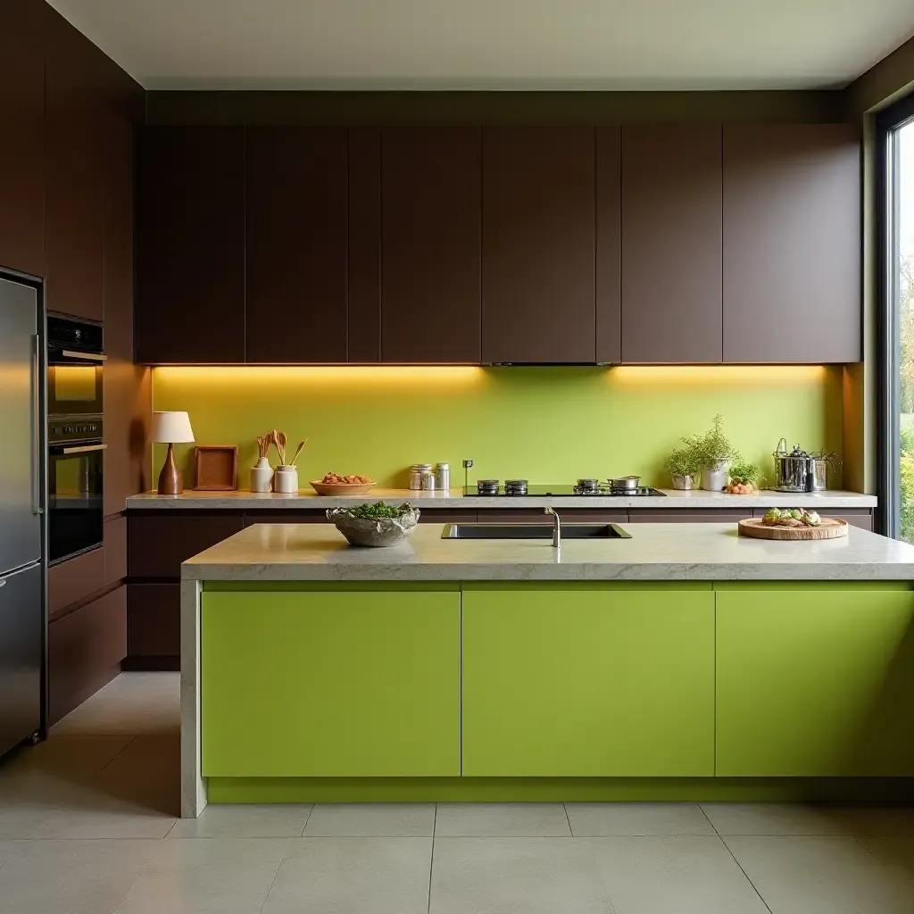 a photo of rich chocolate brown and vibrant lime green kitchen cabinets