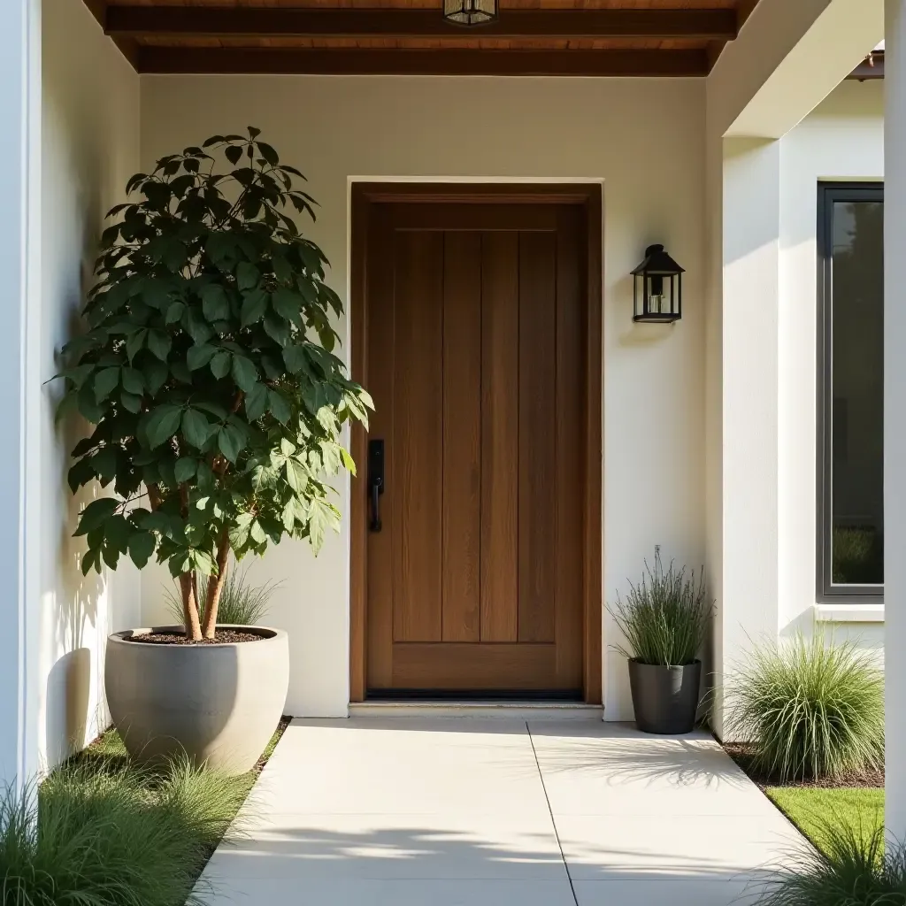 a photo of a welcoming entryway featuring a large potted tree