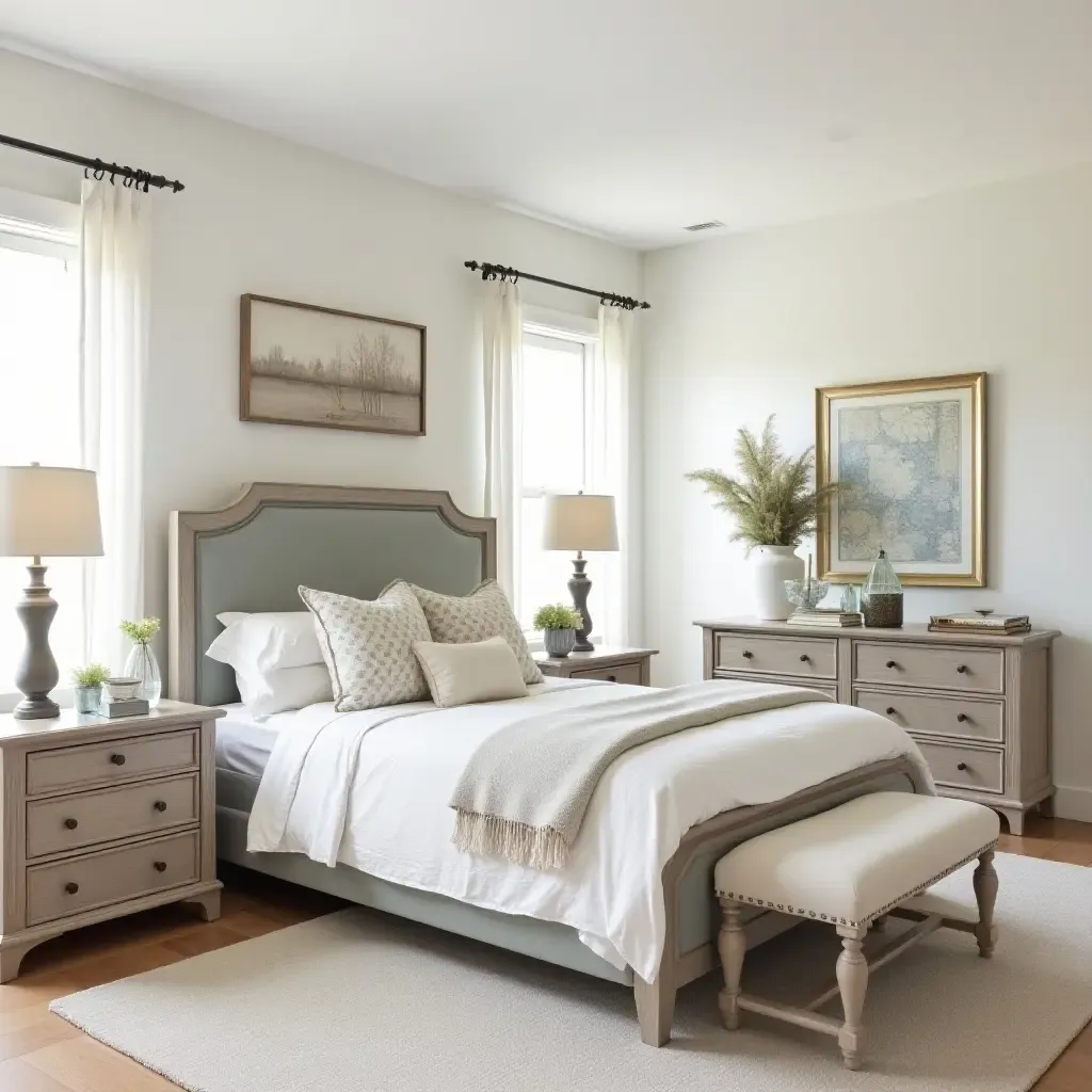 a photo of a charming bedroom with a farmhouse-style dresser and decor