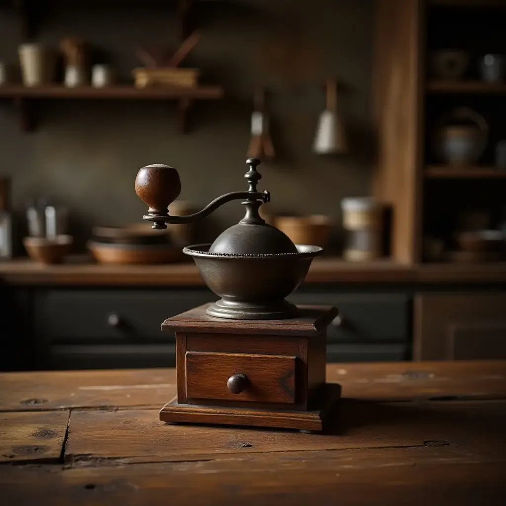 a photo of an old-fashioned coffee grinder on a rustic kitchen counter