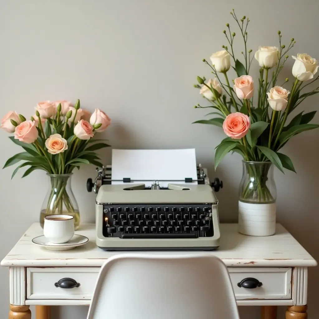 a photo of a charming desk with a typewriter and fresh flowers