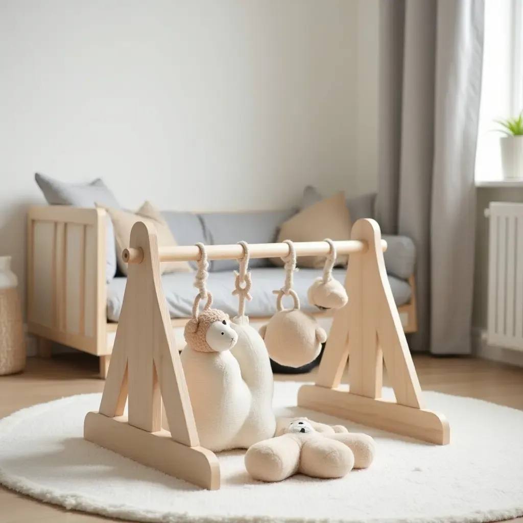 a photo of a nursery with a wooden play gym for infants