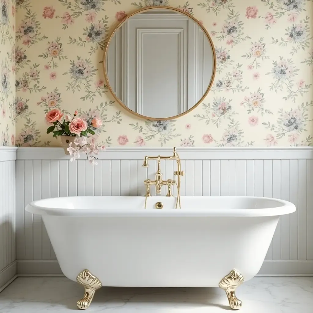 a photo of a charming bathroom with floral wallpaper