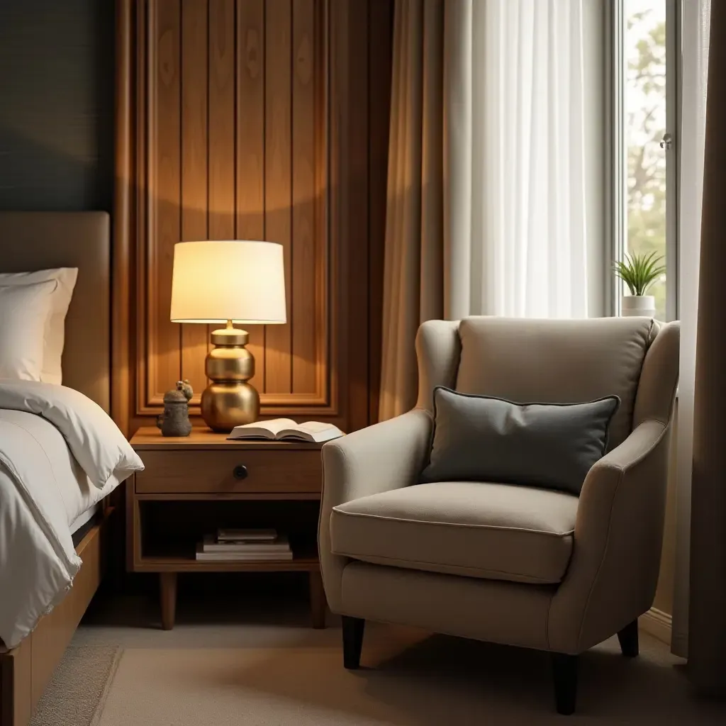 a photo of a nightstand with a comfortable reading chair nearby