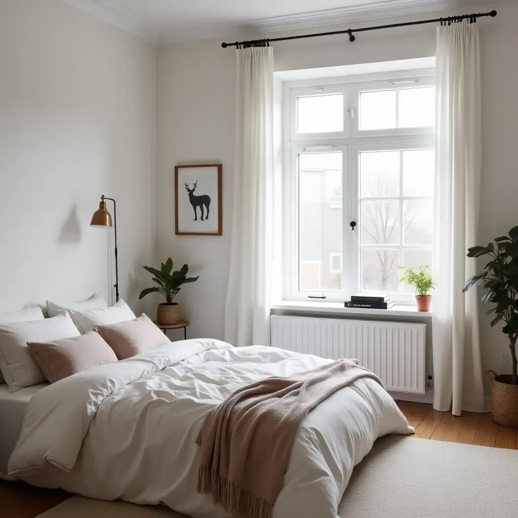 a photo of a chic Scandinavian bedroom with a cozy reading nook by the window