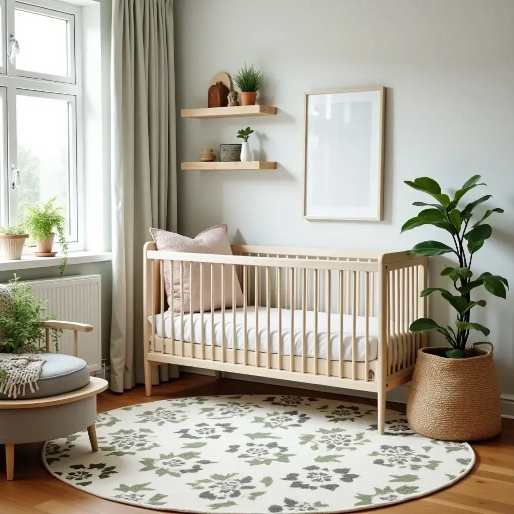 a photo of a nursery with a botanical-themed rug and greenery