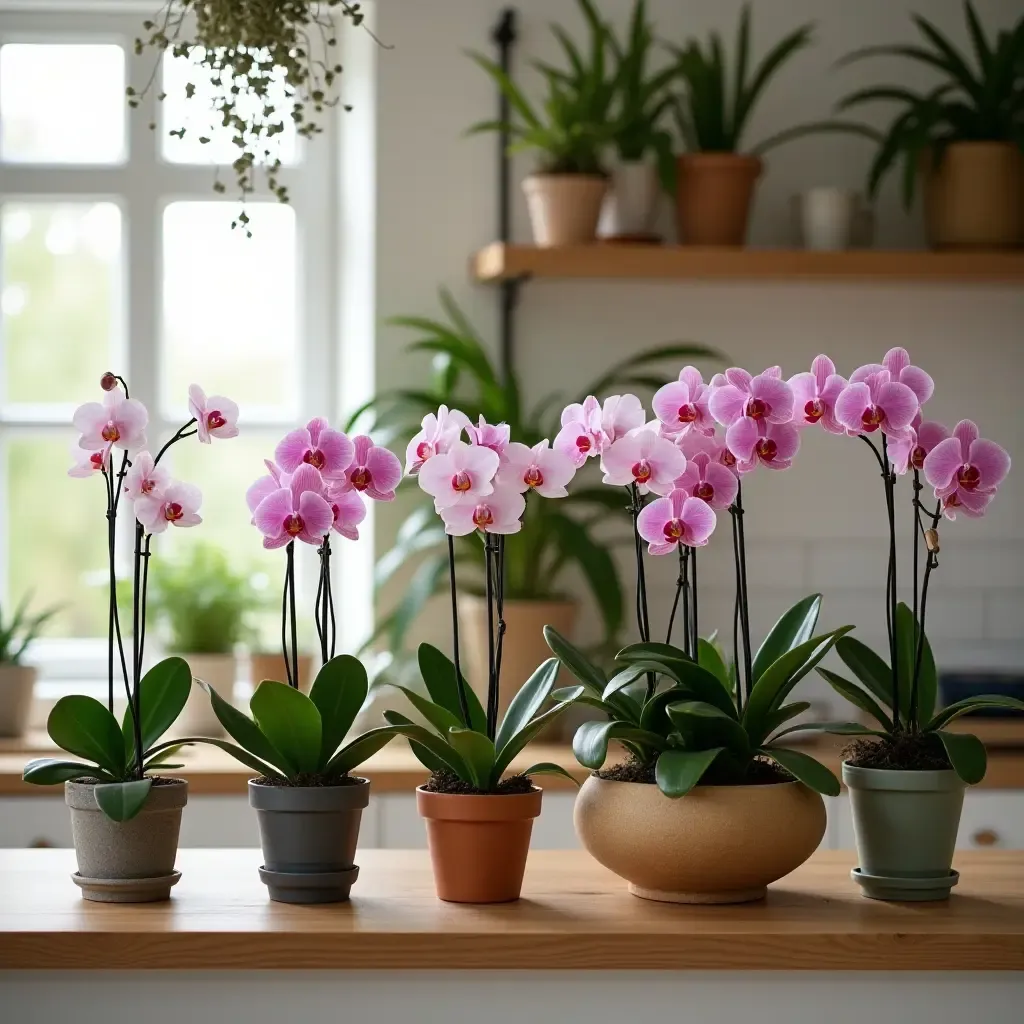 a photo of a kitchen with a lively collection of potted orchids