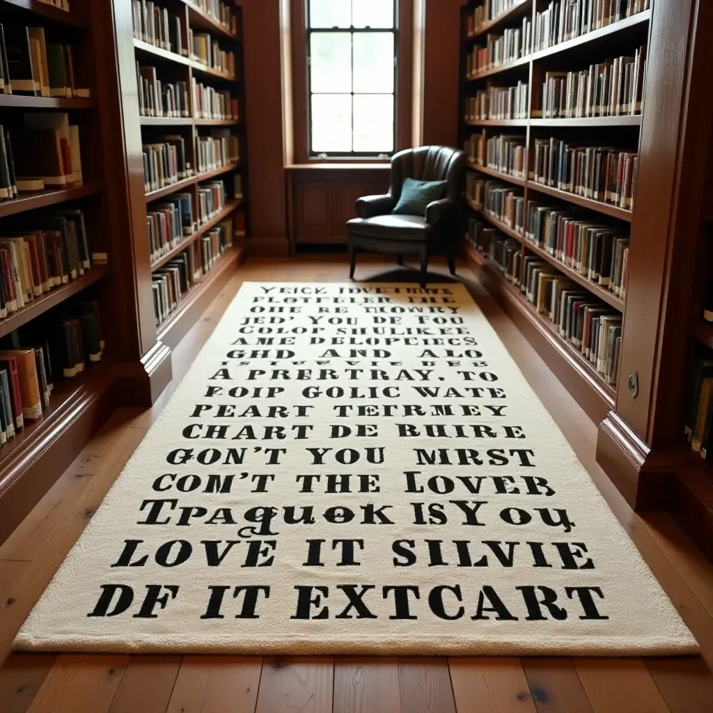 a photo of a custom-designed rug featuring literary quotes in a library