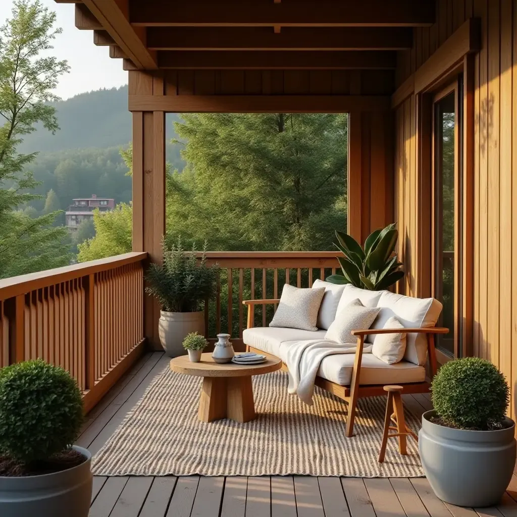 a photo of a balcony with wooden accents and a cozy atmosphere