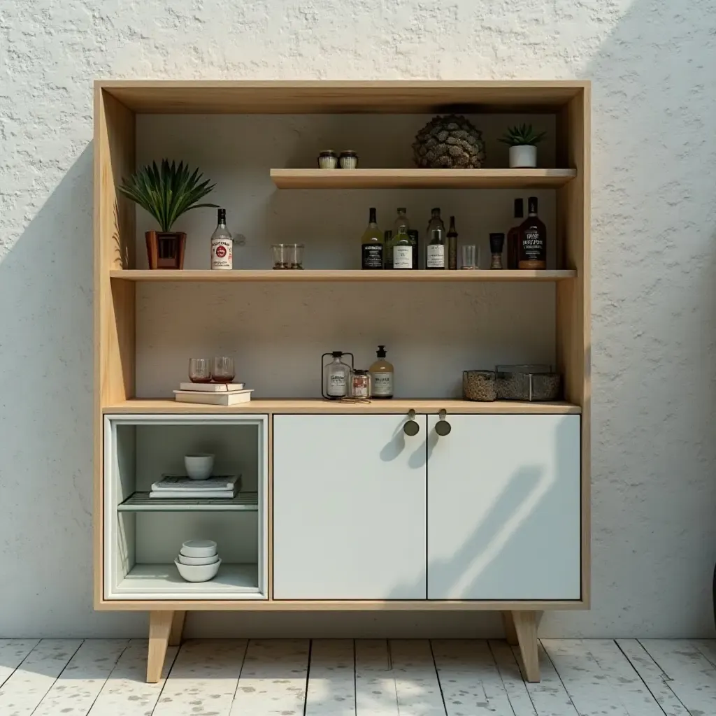 a photo of a creative poolside shelf displaying a mini bar setup