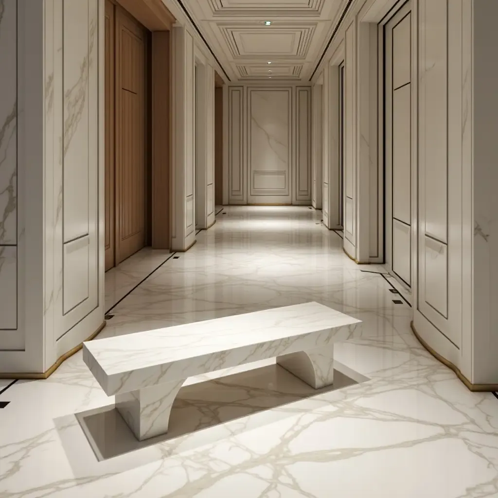 a photo of an elegant marble bench in a luxurious hallway