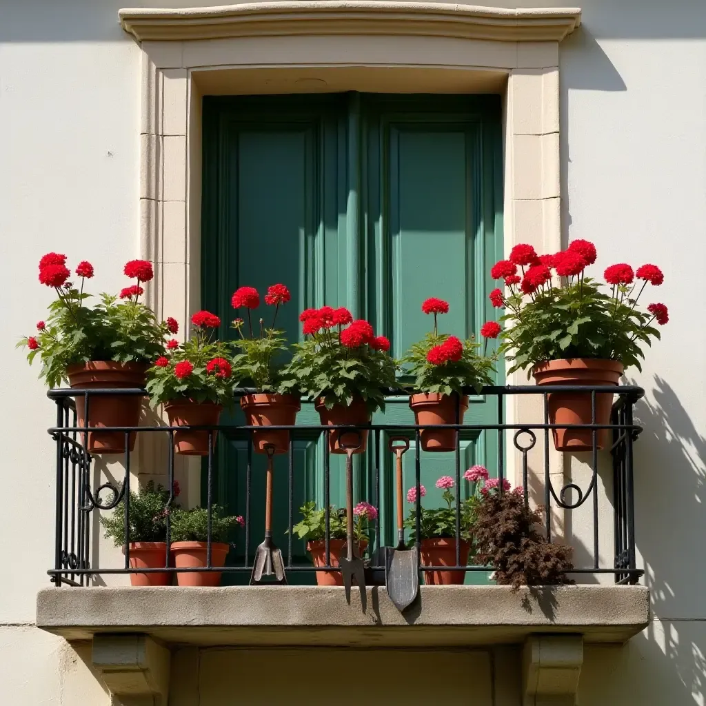 a photo of a balcony filled with potted geraniums and old garden tools