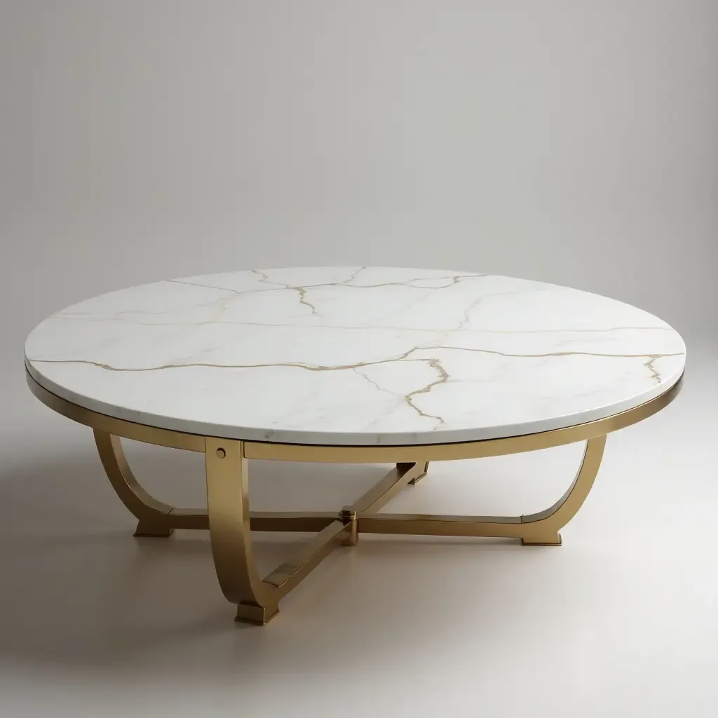 a photo of a chic coffee table with a marble surface and metallic accents