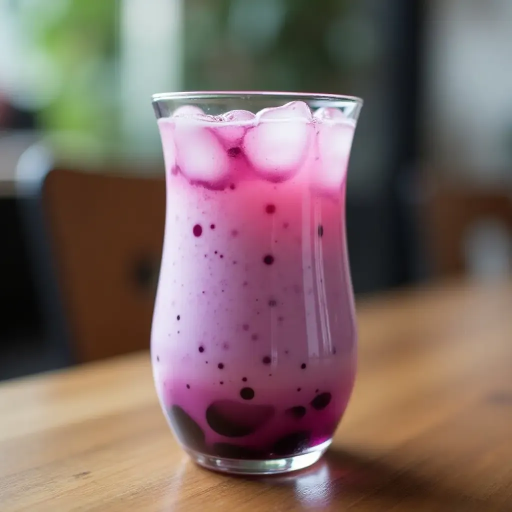 a photo of a colorful glass of Sữa Chua Nếp Cẩm, Vietnamese purple sticky rice yogurt drink.