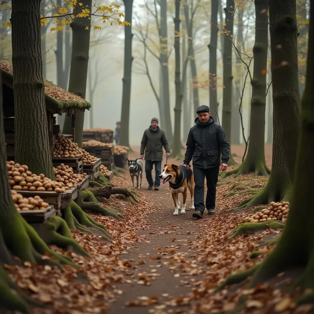 a photo of a traditional Piedmont truffle market with hunters and their dogs in a forest.