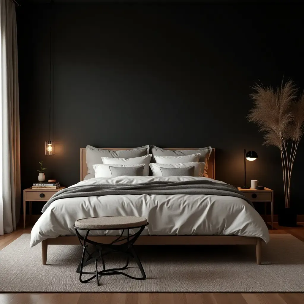 a photo of a serene master bedroom featuring a dark color scheme and natural elements