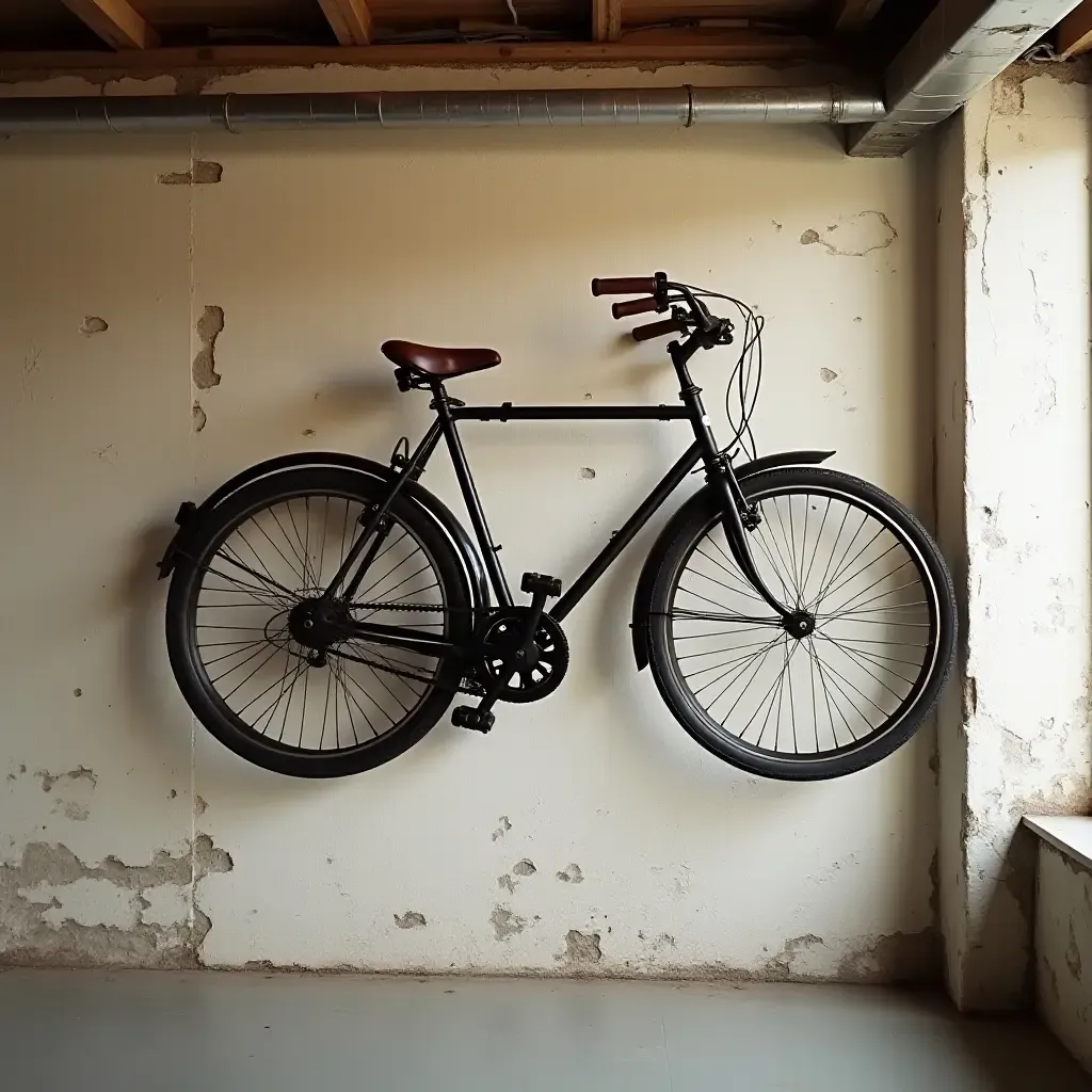 a photo of a basement wall with a vintage bicycle mounted as art